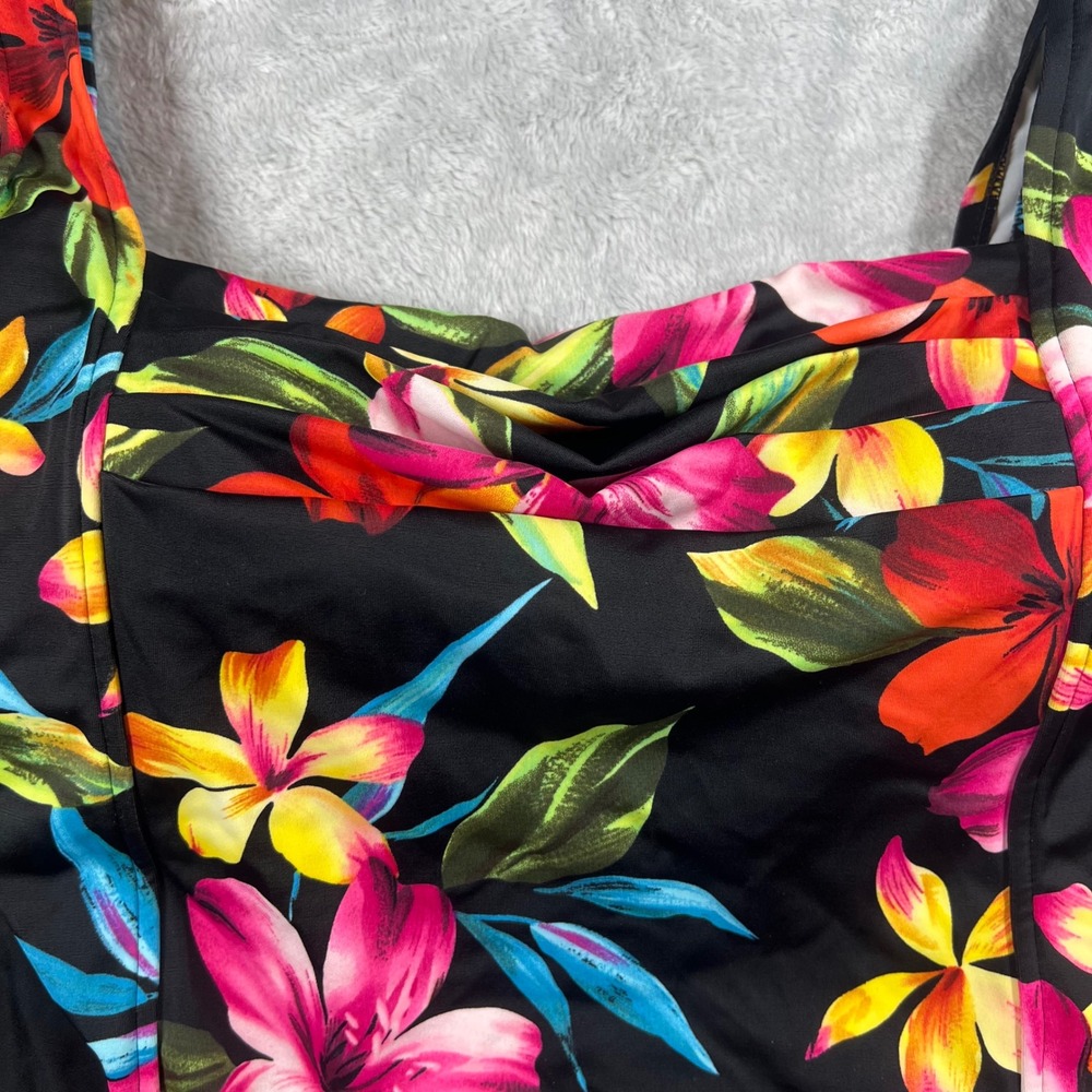 Caribbean Joe Womens Floral Tankini Swim Top Black Multi Tropical 24192T Size 14 - Picture 5 of 8